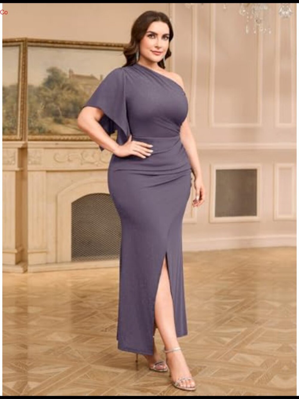 Plus Size One Shoulder Sparkly Maxi Dress Ruched Bodycon High Slit Evening Gown - Picture 2 of 6
